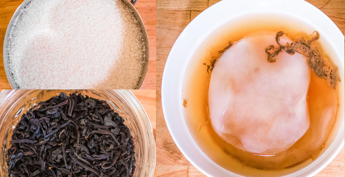 Tea leaves, sugar and a SCOBY — the makings of kombucha